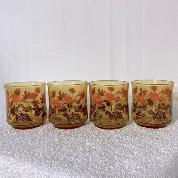 Vintage Libby Amber Glass Autumn Leaf Pattern Juice Glasses x4 - Picture 4 of 11